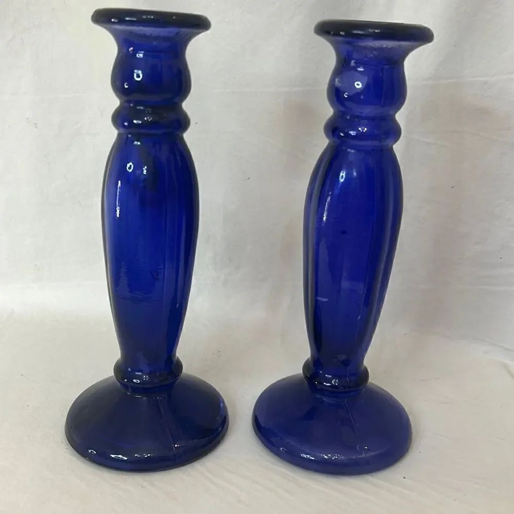 Candle Holders Cobalt Blue Painted Glass Set 2 8 1/2 Inches Tall Taper Votive